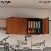 A brown Novate wall cabinet with doors open showing storage inside, mounted on a wall with a decorative drawing below.